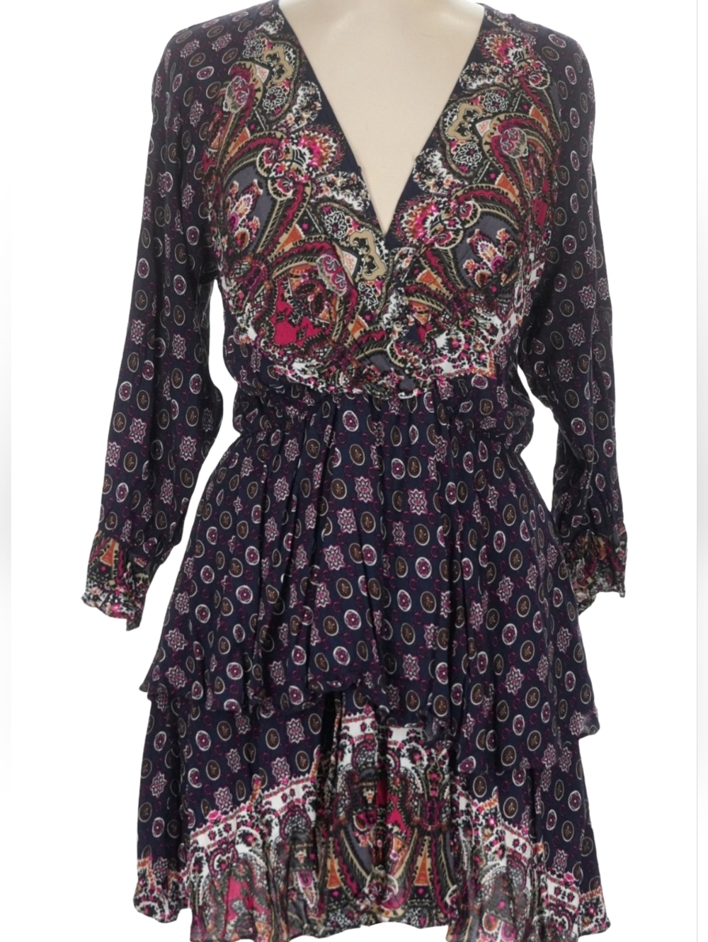 UMGEE Boho Paisley Tiered Ruffle Long Sleeve Mini Dress Size Medium